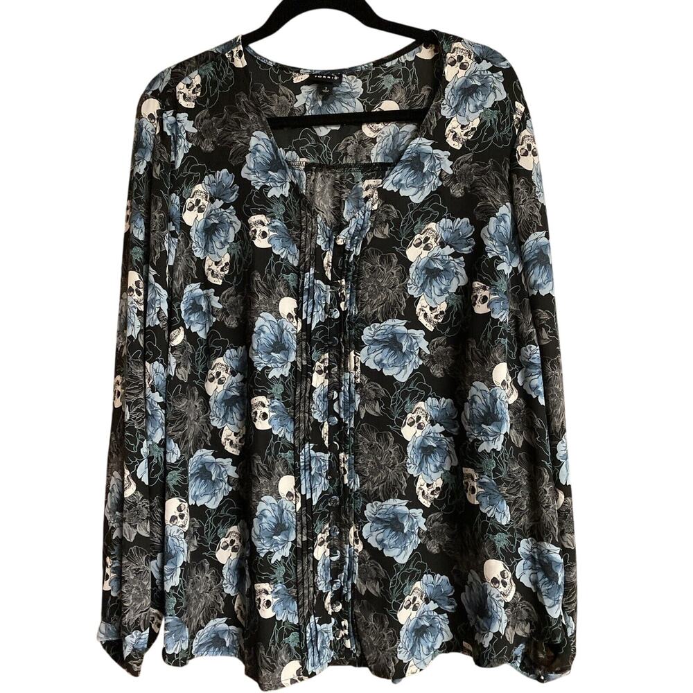 Torrid Blouse Top Shirt Long Sleeve Chiffon Sheer Floral Skulls Black Plus Sz 2x